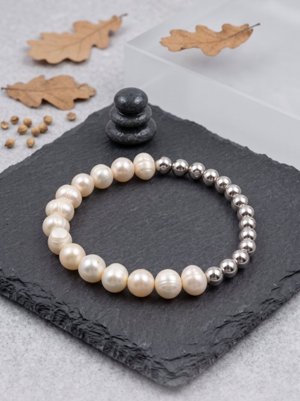 Genuine 7mm Freshwater Pearl 304 Steel Bead Stretch Bracelet PVD Half Half 6.3"